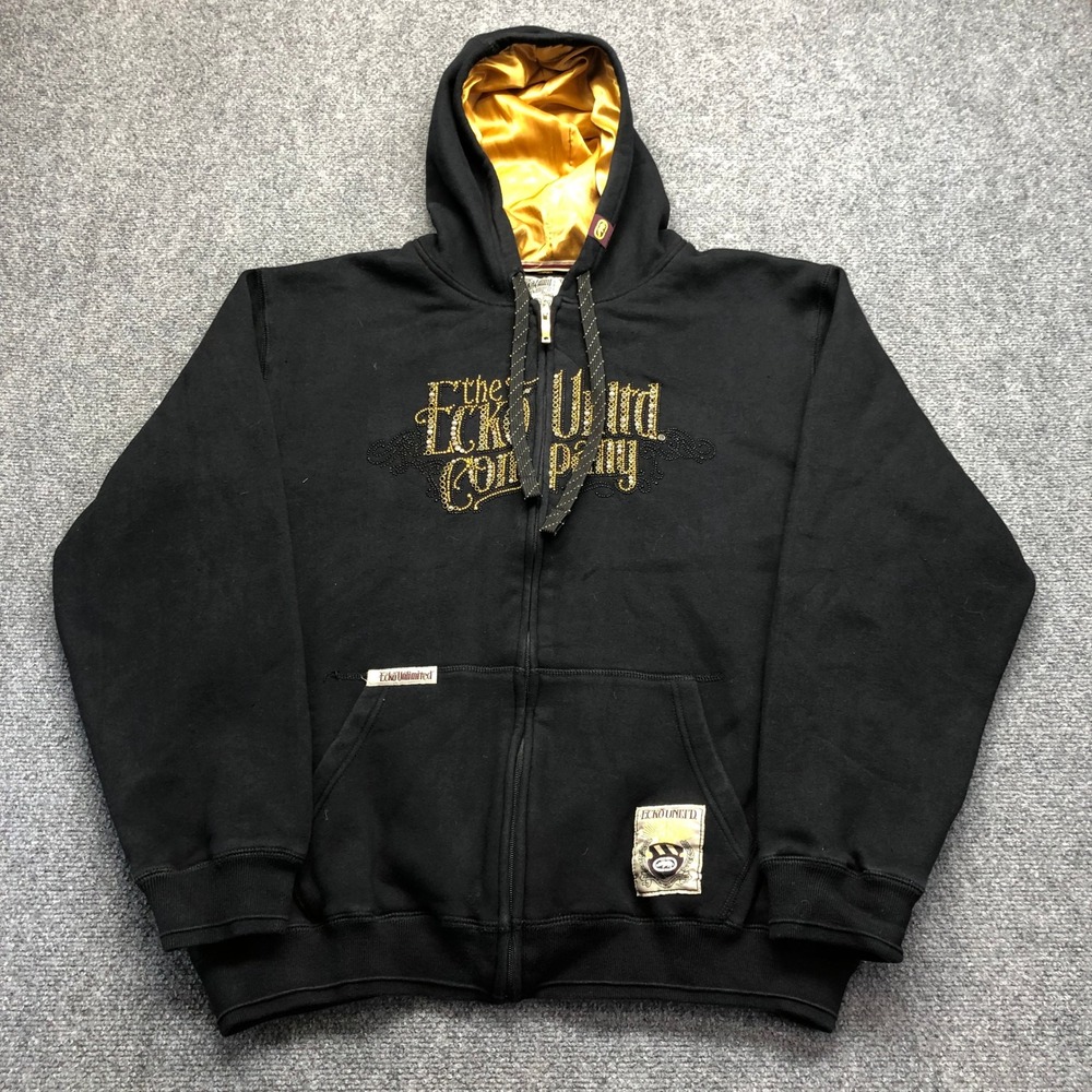 Ecko Unltd Mens XL Black Gold Satin Lined Rhinestone Full Zip Hoodie Y2K Street